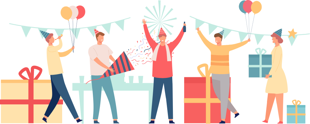 スナップハイボールの商品とともに喜ぶ人々のイラスト